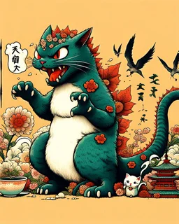 Catzilla cat Japanese Art funny cat gifts for women kid PNG,
