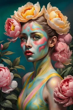 PHOTOREALISTIC PORTRAIT OF A GIRL of Cirque dU soleil, WALKING ON THE SHORE AT THE MOONLIGHT, AND EMBRACING PINK YELLOW PEONIES, VIVID colors: torquoise, pale salmon, persimmon, grey-green , pale lemon yellow, greenish gold, metallic bronze. ULTRA detailed; CORRECT anatomy, FACE and eyes, HIGH RESOLUTION AND DETAILS, HIGH DEFINITION, STYLE BY RAFFAELLO, MICHELANGELO, KAROL BAK, ANDY WARHOL, Anna Dittmann