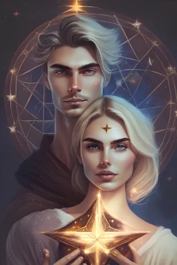 A brown short haired man holding the north star, a beautiful blonde witch woman that practice spiritual rituals