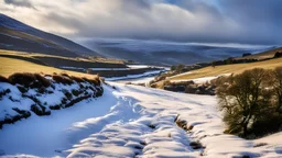 View in the Yorkshire Dales after a fresh snowfall, with beautiful sky, late afternoon sunshine, stone walls, hills and valleys, river, calm, peaceful, tranquil, beautiful composition, chiaroscuro, detail