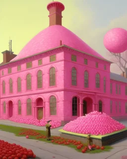 A pink factory made out of candy and chocolate painted by Birge Harrison