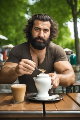 half figure photography of an ugly turkish barman servicing one coffee at the table, burly robust muscular chubby shirtless short beard, mainly chest very hairy 29 years old man, in a public park of Istambul , sunny day, sweat, wet, big shoulders, angry eyes, photorealistic