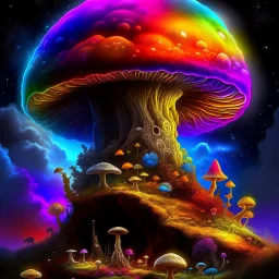 A radtastically amazeballs rainbow glowing, (((mushroom tower))) erected atop a (grassy cliff), surrounded with imaginative (((spiraling space))), contrasted by the stark hues of a (nebulous space scape), . captured by the hand a skilled master painter with a focus on (softly textured compositions and voluminous lighting).