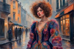 Beautiful young curly Actress with freckles, wearing a vibrant, detailed embroidered velvet fur avant-garde costume, medium-full shot, in Venice street scene, Smokey fluo, at stormy day in 70s paris, konstantin korovin impressionism painting