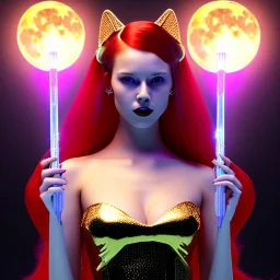 Attractive young teenage girl with golden fire red hair wearing a galactic tiara, who is dressed like a witch casting a spell with a quarterstaff with a moon on the n, she has cat ears and open dazzling blue eyes, has a normal nose, background is realistic space, the girl is on a planet, black goth girl dress, full body portrait, arm colors gradient effect into stars, rendered, unity 3d, unreal engine, dslr, hdr, 4k, edited, photorealistic, normal number of appendages, freckles, artists rendered