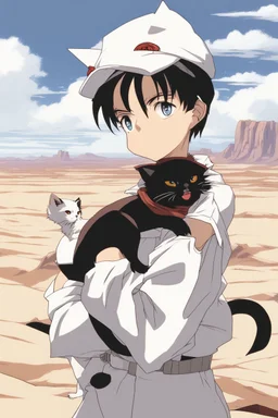 Meryl Stryfe Trigun young girl short black hair anime white clothes standing in the desert with a cat in her arms