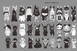 6 simple shaped hand drawn cartoon characters that are cute dark and have hoodies