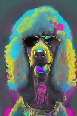 rich poodle in Percy Jackson style, fun ,black, psychedelic, face reaction