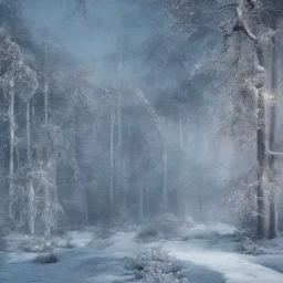 winter landscape, ice field, crystals, dreamlike, foggy, lost in the woods