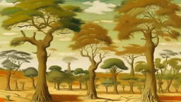 A tan field with baobab trees designed in African pottery painted by Édouard Manet