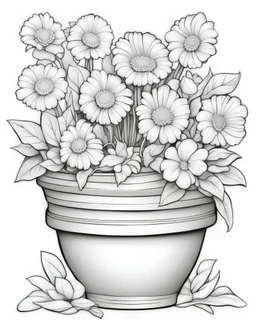 coloring page for kids, depicting beautiful flowers in a pot, full body, black and white, well defined lines, grayscale, white background