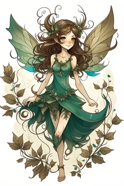 Forest fairy with iridesand teal wings and a cute short leaf dress and pointed ears and multiple vine earings and ear cuffs flying through a mythical forestand brown wavy hair