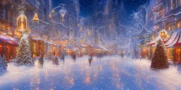 big city in christmas night, snow flakes, many three, Christmas decoration, Christmas light