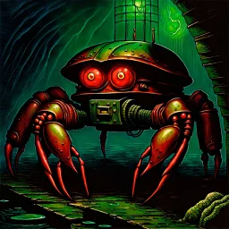 90's TCG fantasy artwork art of robot crab in sewer