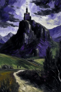 A blackish purple cathedral on a mountain painted by Claude Monet