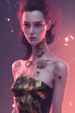 young, beautiful brunette with a perfect angry face, wearing black off shoulder dress, in a dance club, hands on her hips, sharp focus, emitting diodes, smoke, artillery, sparks, racks, system unit, motherboard, by pascal blanche rutkowski repin artstation hyperrealism painting concept art of detailed character design matte painting, 4 k resolution blade runner