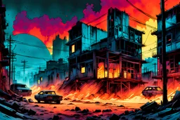 create a hyper detailed 3d illustration of a small post apocalyptic ghost town in the comic art style of FRANK MILLER and BILL SIENKIEWICZ, searing lines and forceful strokes, precisely drawn, boldly inked, with gritty textures, vibrant colors, dramatic otherworldly lighting, 8k