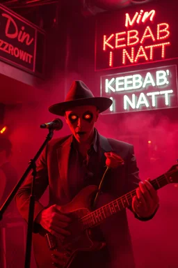 An spanish Guy with psychotic big eyes "Enrique" performing at dance club, his name is the stalker "Enrique" Red roses On stage, red Neon lights and smog, and "Din KEBAB I NATT" big sign on the wall, serenade under balcony, ZORRO vibes
