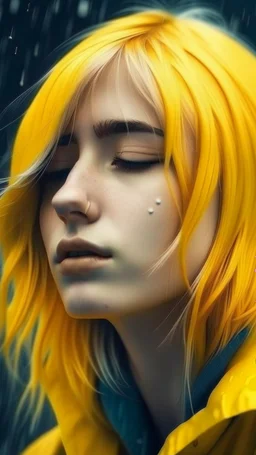 beautiful girl with yellow hair dreaming of a love world under the rain