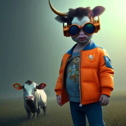 Cow toddler, smile, steampunk headphone, sunglass, gangsta neckless, full body, orange puffer jacket, tokio background, dramatic lighting, hyper realistic, unreal engine 5, 16k