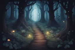 лес темный, с тропинками ведущая в бок, иллюстрация сказочная