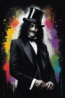 full color, A scary man with long curly black hair, wearing a top hat, black tuxedo and tie, against a black wall with multicolored paint splatter