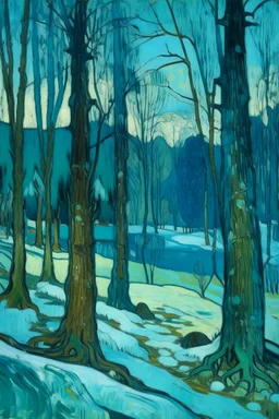 A cyan winter forest painted by Paul Gauguin