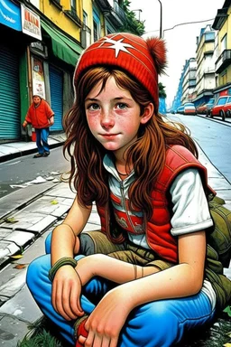 iki kız beraber sokakta oturuyorlar yaşları daha büyük liseliler daha renkli kızlardan birinin saçı kabarık diğerininki ise biraz uzun geniş açı ikisininde vücudu tam görünsün 2d çizgi roman gölgelendirmesi