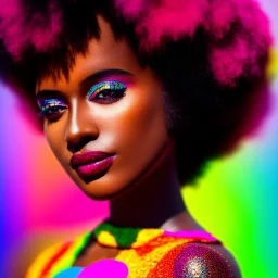 masterpiece, best quality, woman, dark skinned, sparkling eyes, fluorescent skin, colorful makeup, afro, full body shot, highly detailed body, sun light, 4K, RAW, depth of field, high contrast, realistic details, 24mm