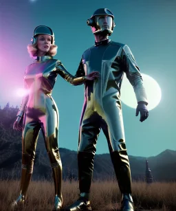 Ultra Realistic retro sci-fi image from 1960, spaceship, sweet young woman Jane Fonda with a man, dress with tight latex coat and retro glass helmet, Retro sci-fi style, soft color, highly detailed, unreal engine 5, ray tracing, RTX, lumen lighting, ultra detail, volumetric lighting, 3d, finely drawn, high definition, high resolution.