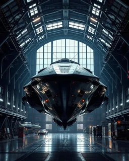 a scene of futuristic ship exhibition, colossal garage with large window in dark space background, realistic metallic structures, hyper realistic textures and intricate details, Epic shoot view like image from professional photographer