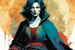 create a wildly imaginative full body portrait of an ethereal, otherworldly , ancient aged medieval female vampire sorceress with extremely short hair in ragged ornate robes , in the comic book art style of Bill Sienkiewicz, Mike Mignola, and Jean Giraud Moebius, with highly detailed feminine facial features , finely drawn, colored and inked,