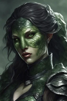 female snake humanoid, full body, wearing a black leather armor, green scales on the face, dungeons and dragons