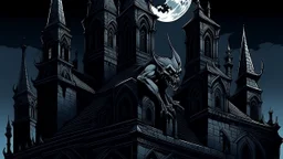 A detailed digital illustration showcasing menacing gargoyles perched on the turrets of a dilapidated castle, their eyes glowing eerily in the moonlight