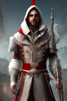 Santa Cruz in red assassin Creed clothes, high details, cool 1800 city background,