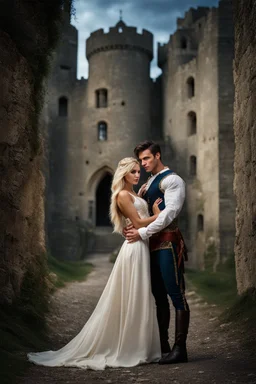 A photo realistic portrait of a stunning blonde girl and muscular dark haired man in a lovers embrace standing in front of a medieval castle