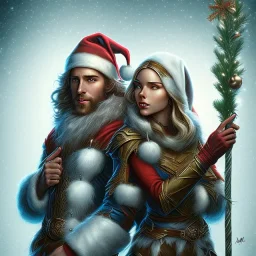 two elves. woman and man. Christmas scene. poster. marvel comic. low-key