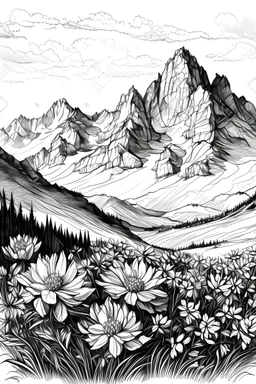 Flowers surrounded by mountains in the Alps, sketch drawing