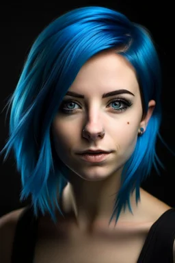 Blue hair, brown eye, woman, attractive, athletic build