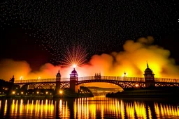 Chain Bridge Budapest, Danube, fireworks in the sky, smoke, dust, reflection at night in starshine