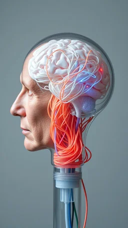 A transparent brain fills wit spaghetti in laboratory tube connected to small tubes and wires to an old man head