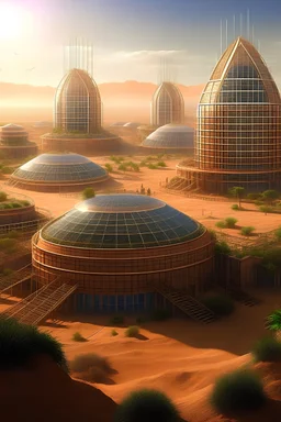 A sci-fi city inside a massive greenhouse surrounded by a sand desert.