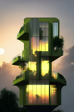 Minimalist olive green glass facade with some balconies and biophilia, set in the sunset in a futuristic setting.