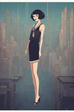 full body picture of a skinny woman with a bob, a fringe hairstyle, 1920s flapper clothing, futuristic city background