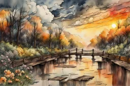 Urban sketch of a beautiful forest in ink and watercolor, storm clouds, full sunset, flowers, kurved path, old wood bridge, gull Modifiers: beautiful award winning