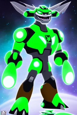 A new space creature from Ben 10 cartoon. Strong and graceful. From the White Tiger faction. Advanced hybrid metal golem. And the diamonds. He has a glowing green tattoo in the shape of old magic words