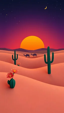 Mysteries of the Desert Mobile Wallpaper. Sand dunes, cacti blooms, paper art, 3D illustration, sunset orange, twilight purple, stillness, waxing crescent, stars peeking, camels, oasis mirage, solitude, dusk's warmth, sandy texture, depth, desert fortress, arid elegance, layered paper, artful, serene night, minimalism, eastern