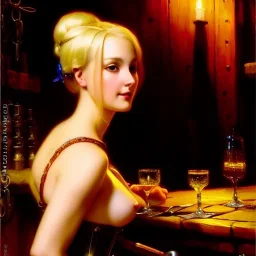 fullbody portrait 'beautiful blonde massiveboobs medieval wench on tavern in medieval city',corset,painting by gaston bussiere, greg rutkowski, yoji shinkawa, yoshitaka amano, tsutomu nihei, donato giancola, tim hildebrandt, oil on canvas, cinematic composition,sharp image, extreme detail,((fit full head inside picture)),32k