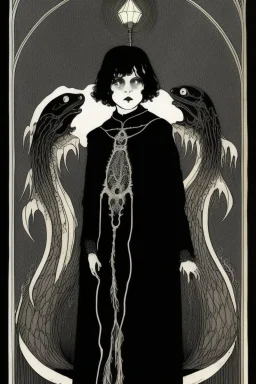 7 year old boy, necromancer, friendly, looks dead,with a long lamprey emerging from his belly , wearing black robes, in the style of Harry Clarke