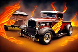 a customized 1930 ford model a pickup, roof chopped, lowered, wide dragster wheels, no spare tire, vertical truck exhaust pipes behind the cabin, with flames coming out of them, twin-tone colouring, centered, intricate, extreme detailed, photorealism, center view, stylized random background, pivot on ford, pen and color marker painting by cheryl kelley